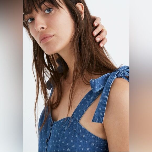 MADEWELL Denim Tie-Strap Button-Front Sundress in Star Jacquard Sz 0 - Picture 11 of 12